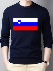 Slovenian Flag Print Men's Knitted Sweater Slim Fit Crew Neck Tops