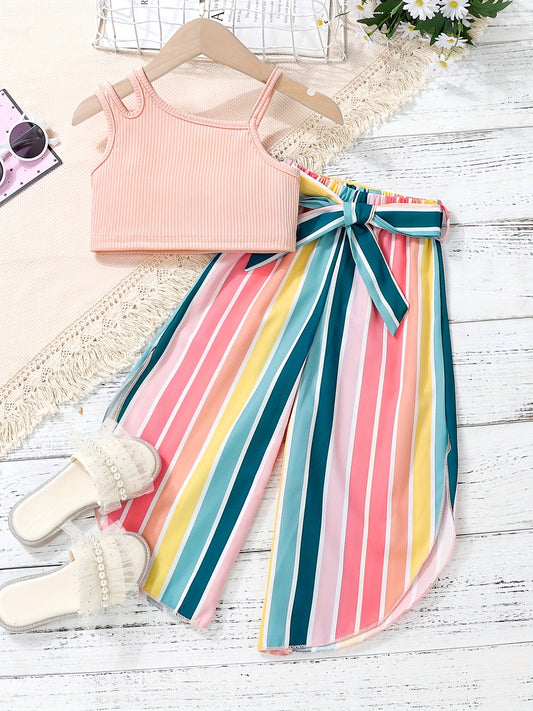 Girls Cutout Shoulder Tank Top and Striped Pants Set