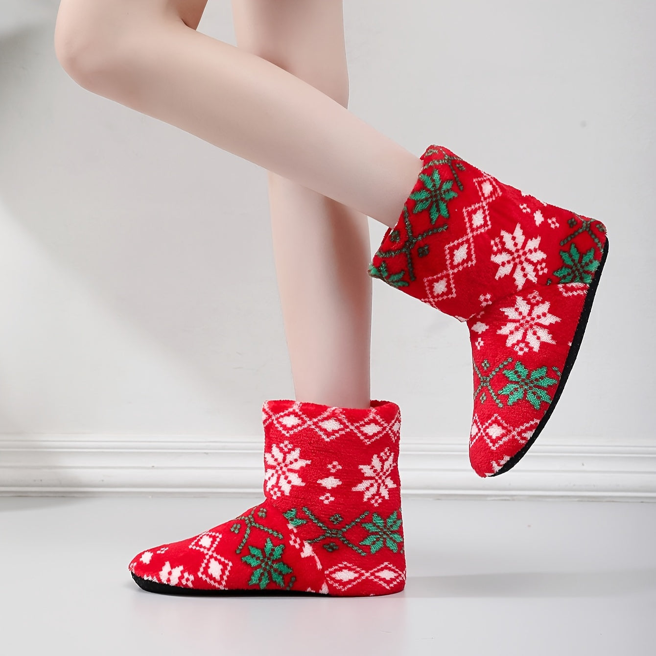 Snowflake Pattern Fuzzy Slipper Boots Christmas Plush Lined Shoes