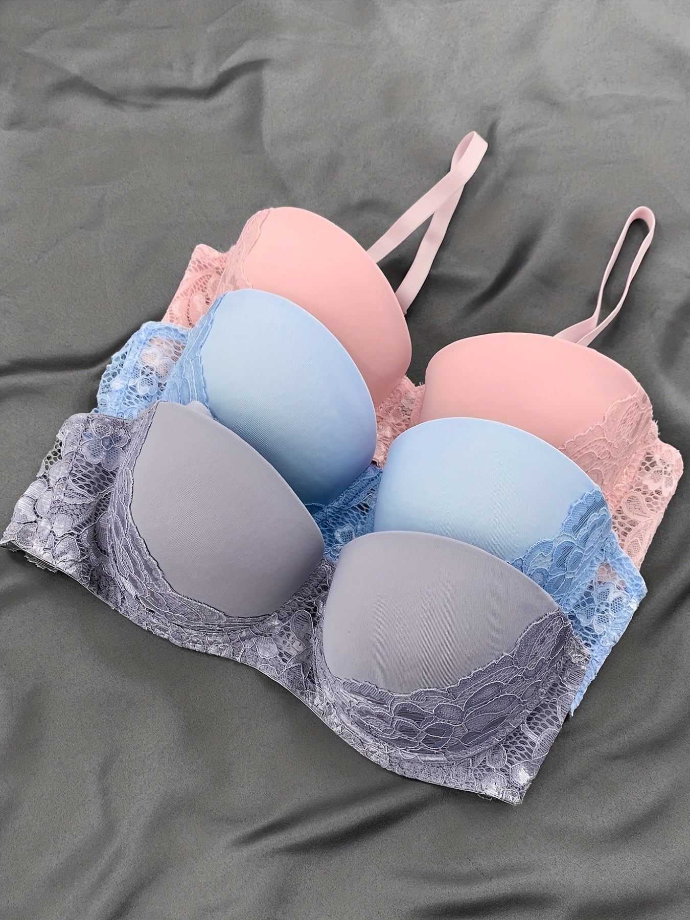 3pcs Lace Balconette Bras Push Up Anti-sagging
