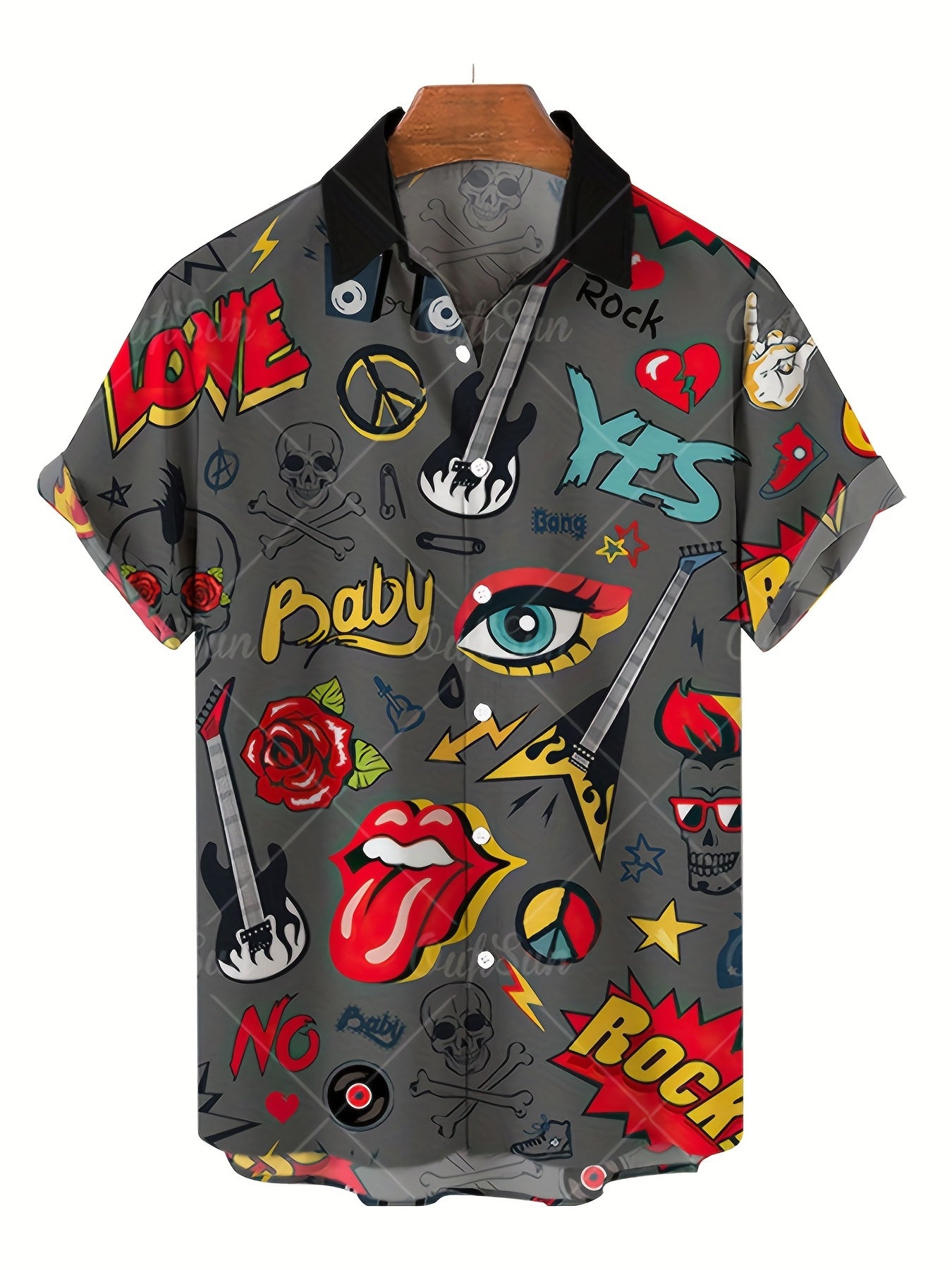 Men's Retro Guitar & Rose Print Camp Collar Shirt