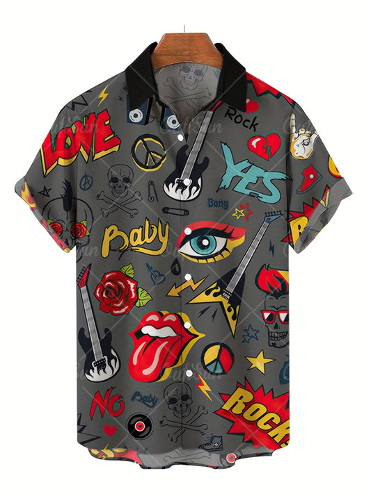 Men's Retro Guitar & Rose Print Camp Collar Shirt