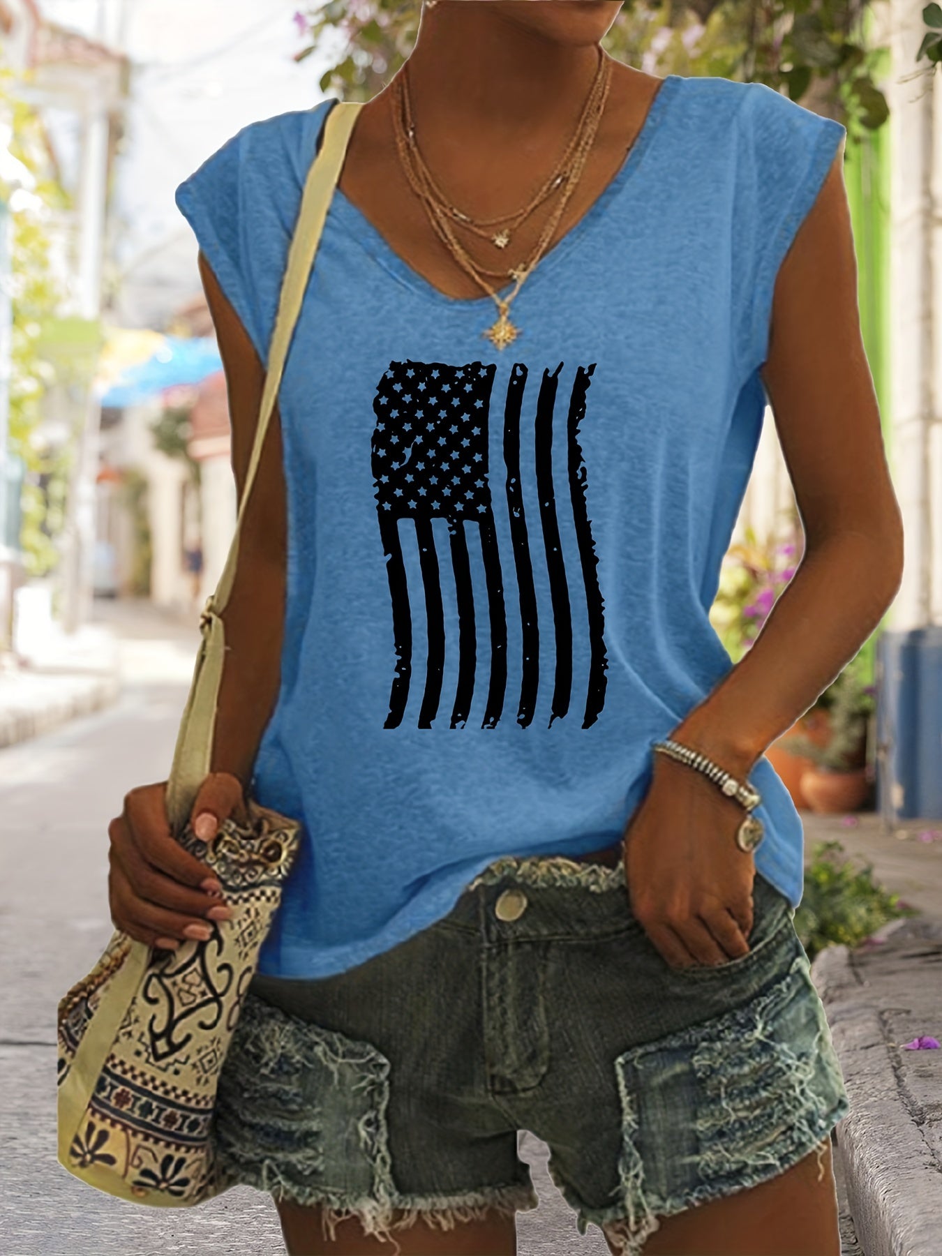 American Flag Print Tank Top V Neck Summer Sleeveless Top