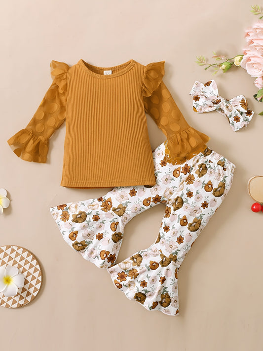 Girls Long Sleeve Set with Flower Pattern
