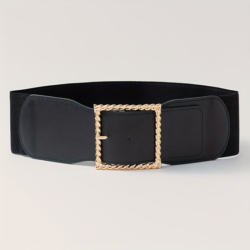 Square Buckle Wide Belt Solid Decorative Waistband for Women