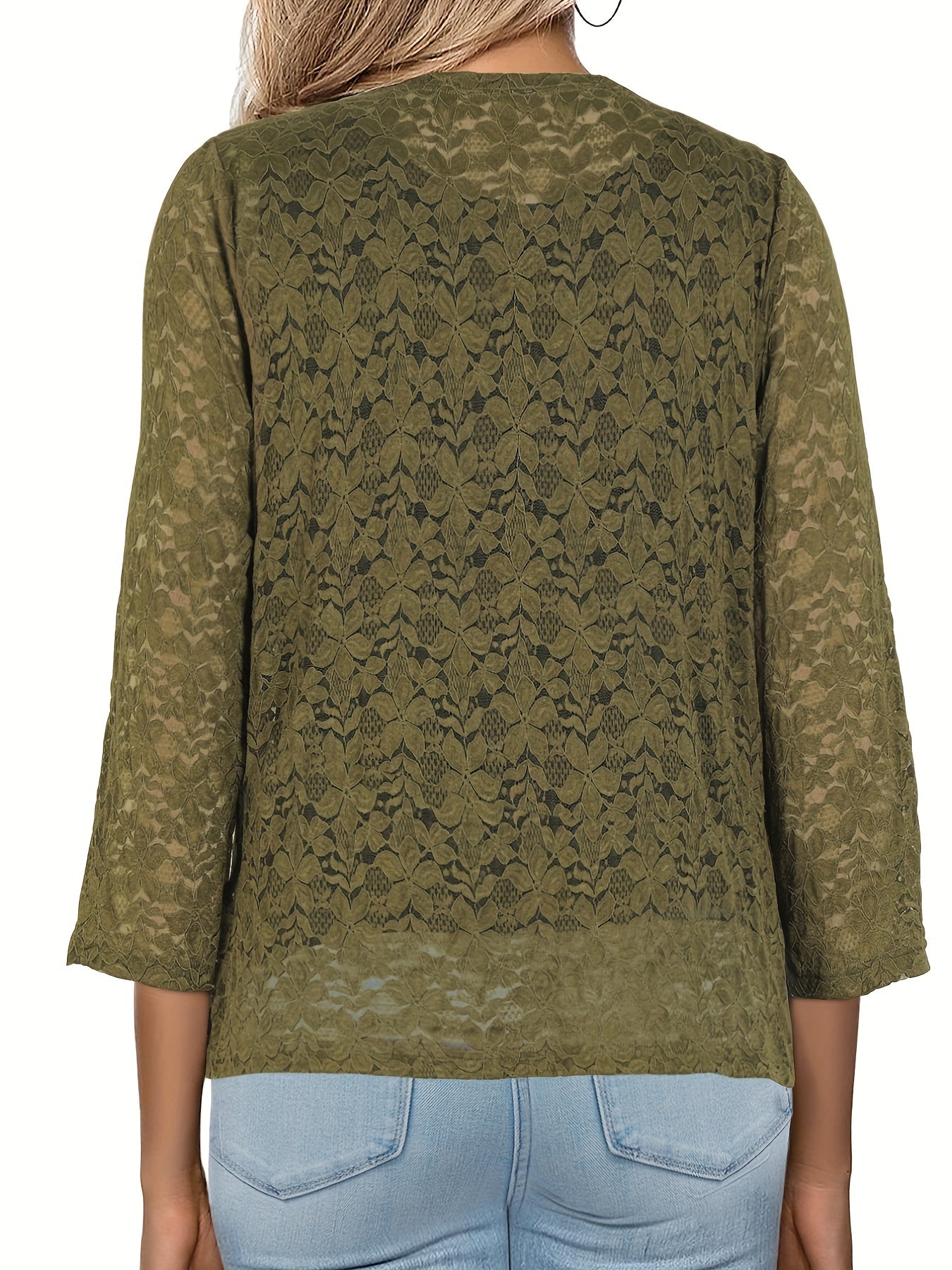 Solid Lace Open Front Top Long Sleeve Flower Pattern Top