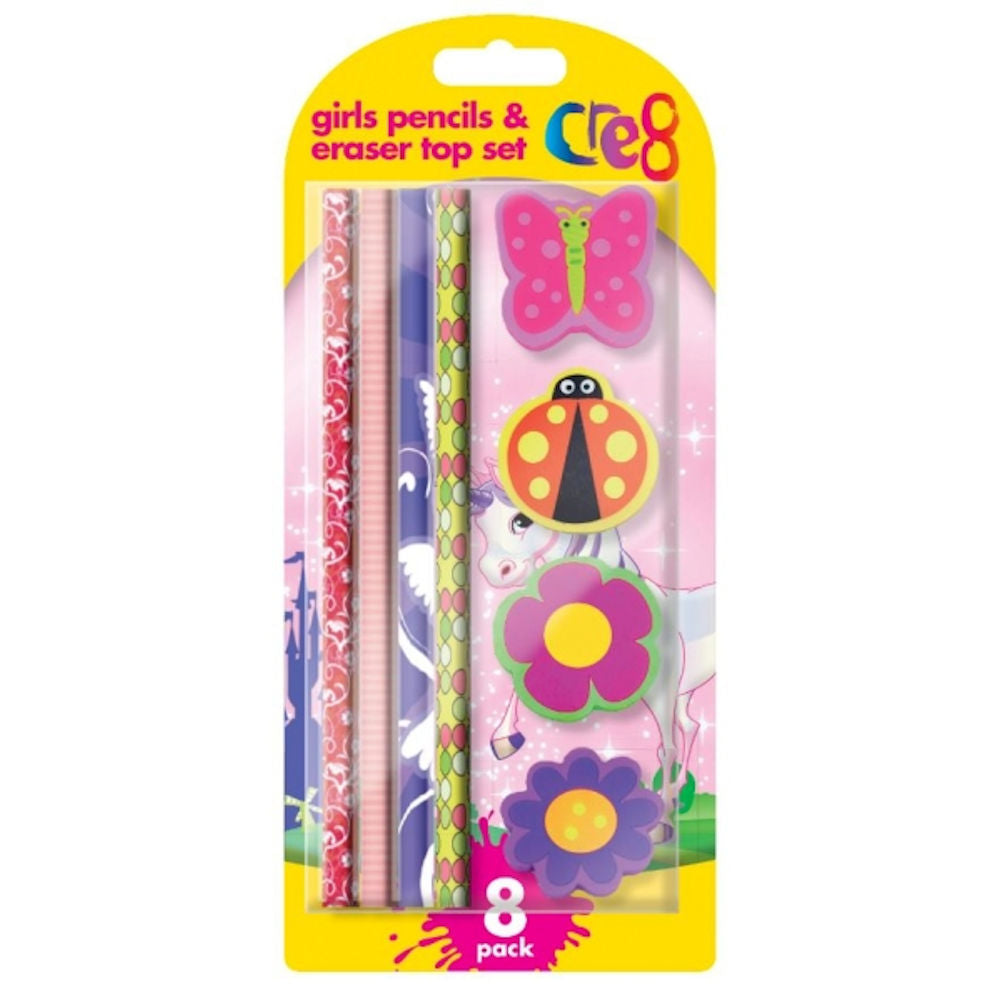 Girls Pencil & Eraser Set Pink Stationery 8 Piece