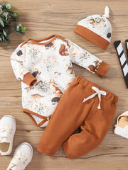 3pcs Animal Print Romper Bodysuit & Pants & Hat Set for Newborn Boys/Girls