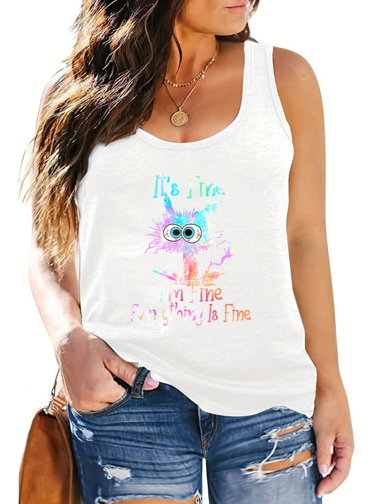  Casual Tank Top Women's Plus Slogan Graphic Print Round Neck Tank Top