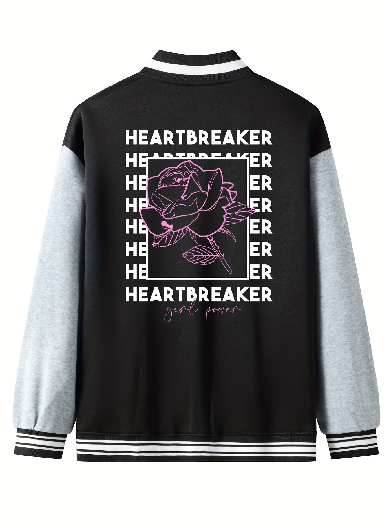 Heartbreaker Letter Print Rose Pattern Graphic Baseball Jacket Men
