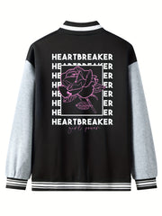 Heartbreaker Letter Print Rose Pattern Graphic Baseball Jacket Men