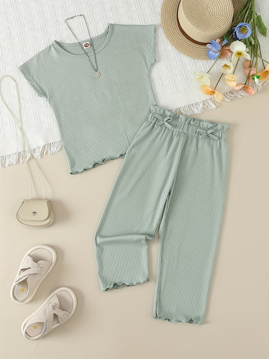 Girl's Ribbed T-shirt & Bowknot Pants Set Summer Outfit