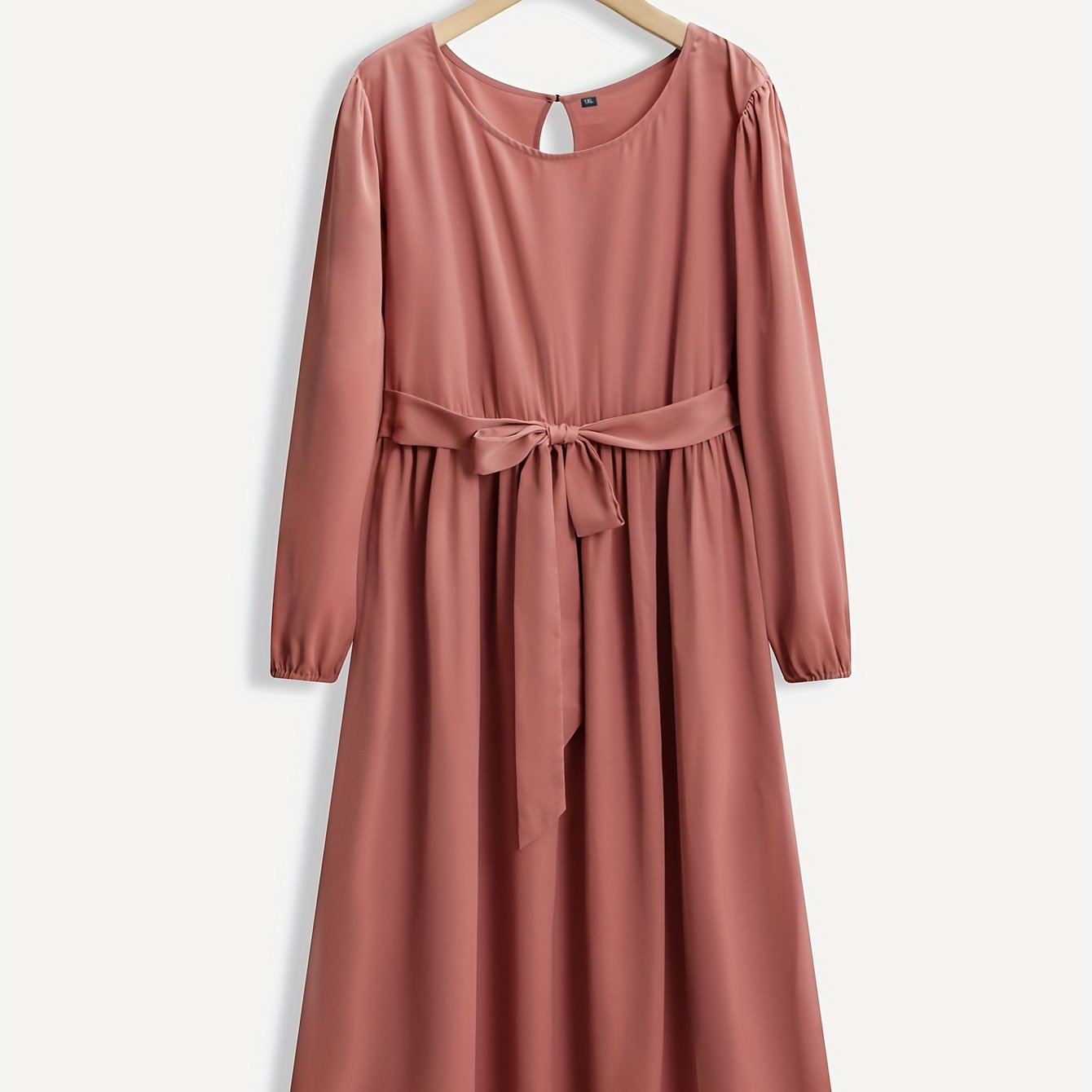 Plus Size Retro Dress Solid Lantern Sleeve Knee Length Dress With Belt