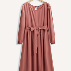Plus Size Retro Dress Solid Lantern Sleeve Knee Length Dress With Belt