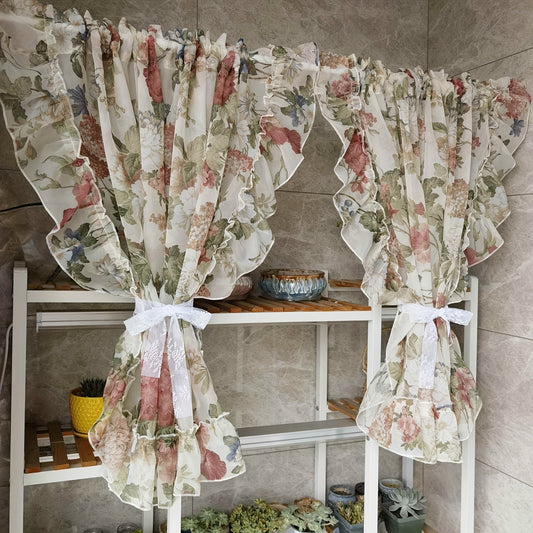 2pcs Flower Sheer Ruffled Short Curtain Valance French Tulle Door Curtains