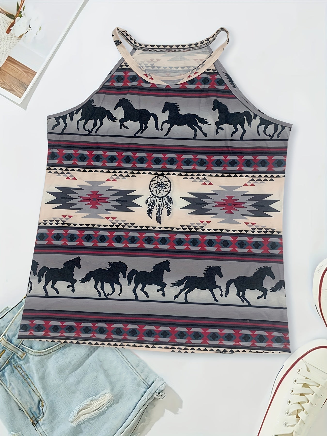  Southwestern Print Tank Top Round Neck Casual Slight Stretch