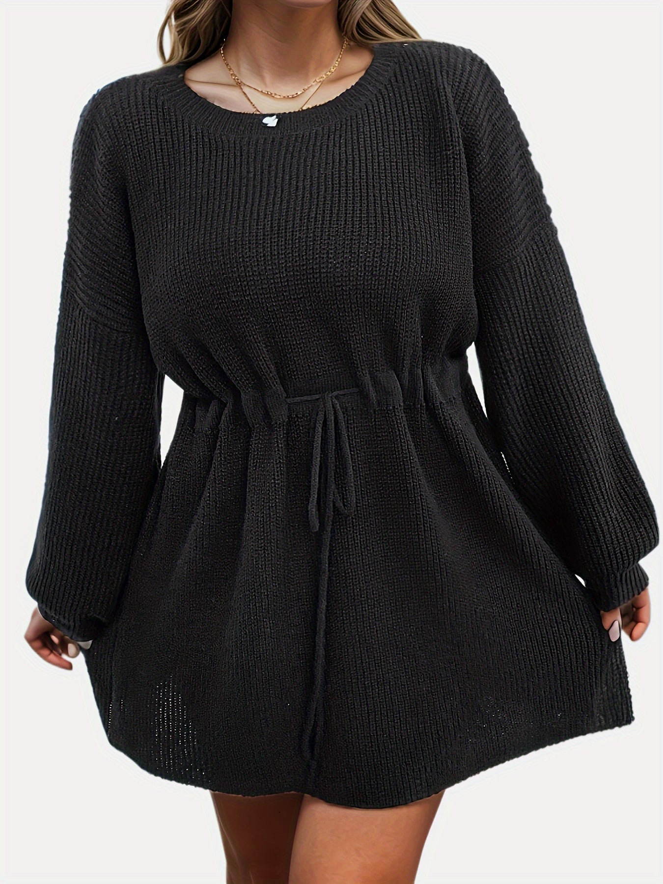  Casual Sweater Dress Women's Plus Solid Drawstring Lantern Sleeve