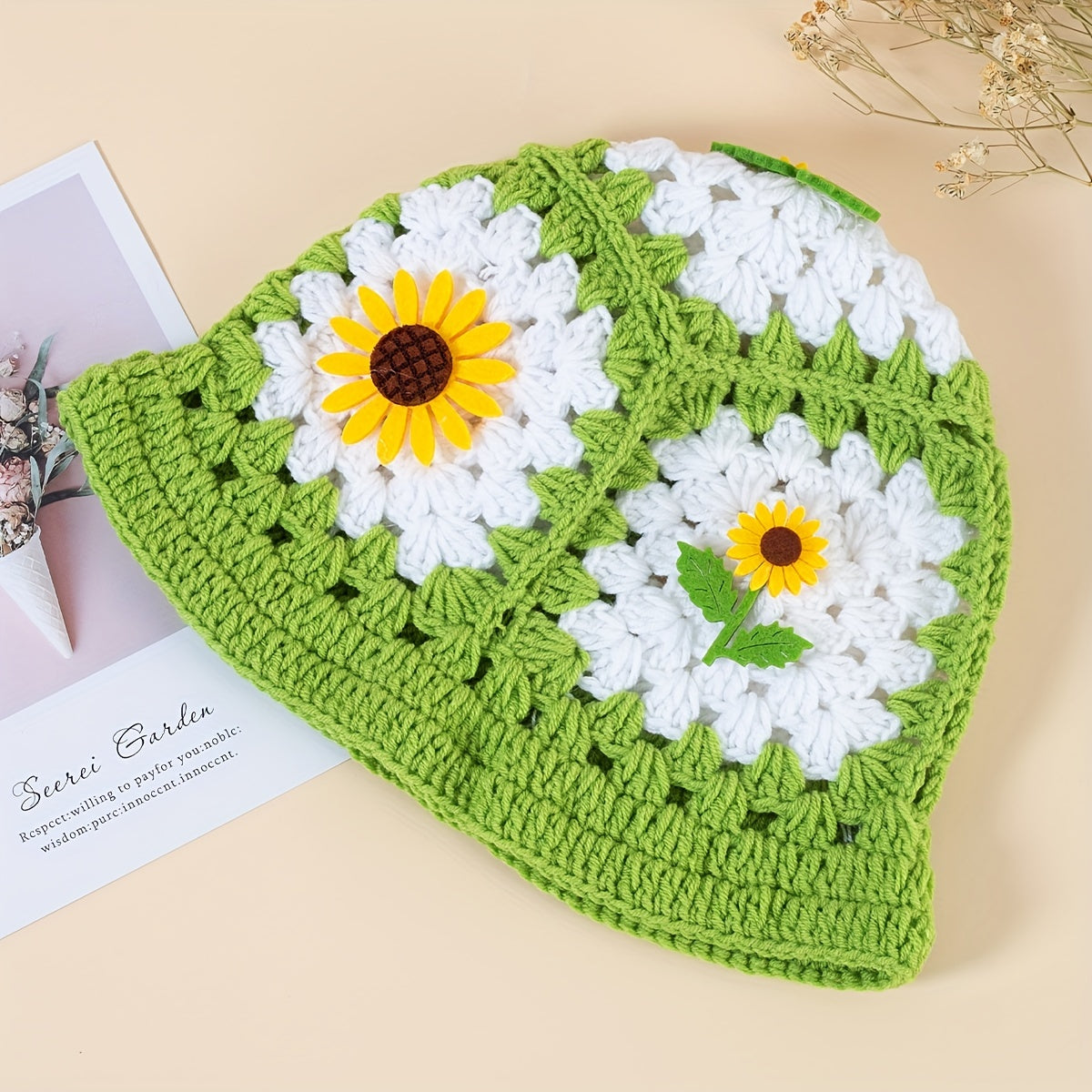 Sunflower Decor Block Beanie Crochet Bucket Hat Hollow Breathable Cloche