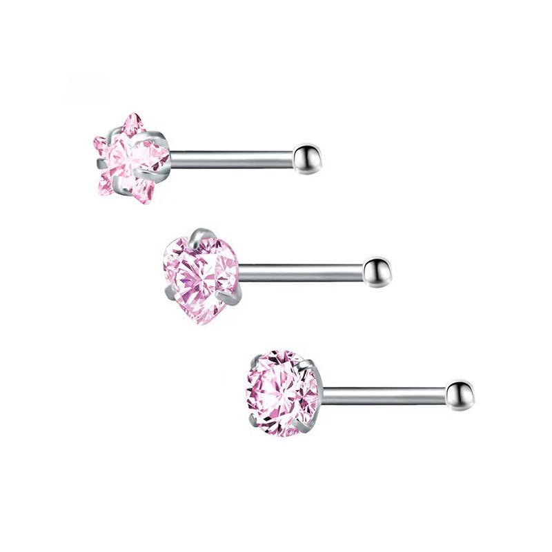 3 Pcs Heart Star Round Zircon Nose Rings Set Stainless Steel Cartilage Stud