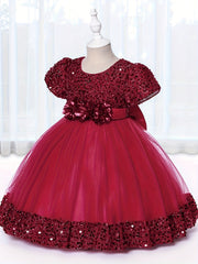 Baby Girls Flower Bowknot Decor Puff Sleeve Mesh Sequin Princess Dress