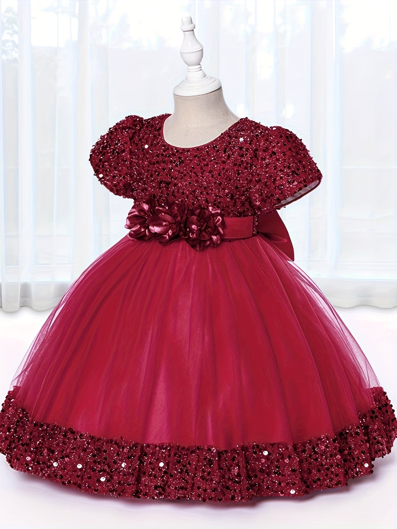 Baby Girls Flower Bowknot Decor Puff Sleeve Mesh Sequin Princess Dress