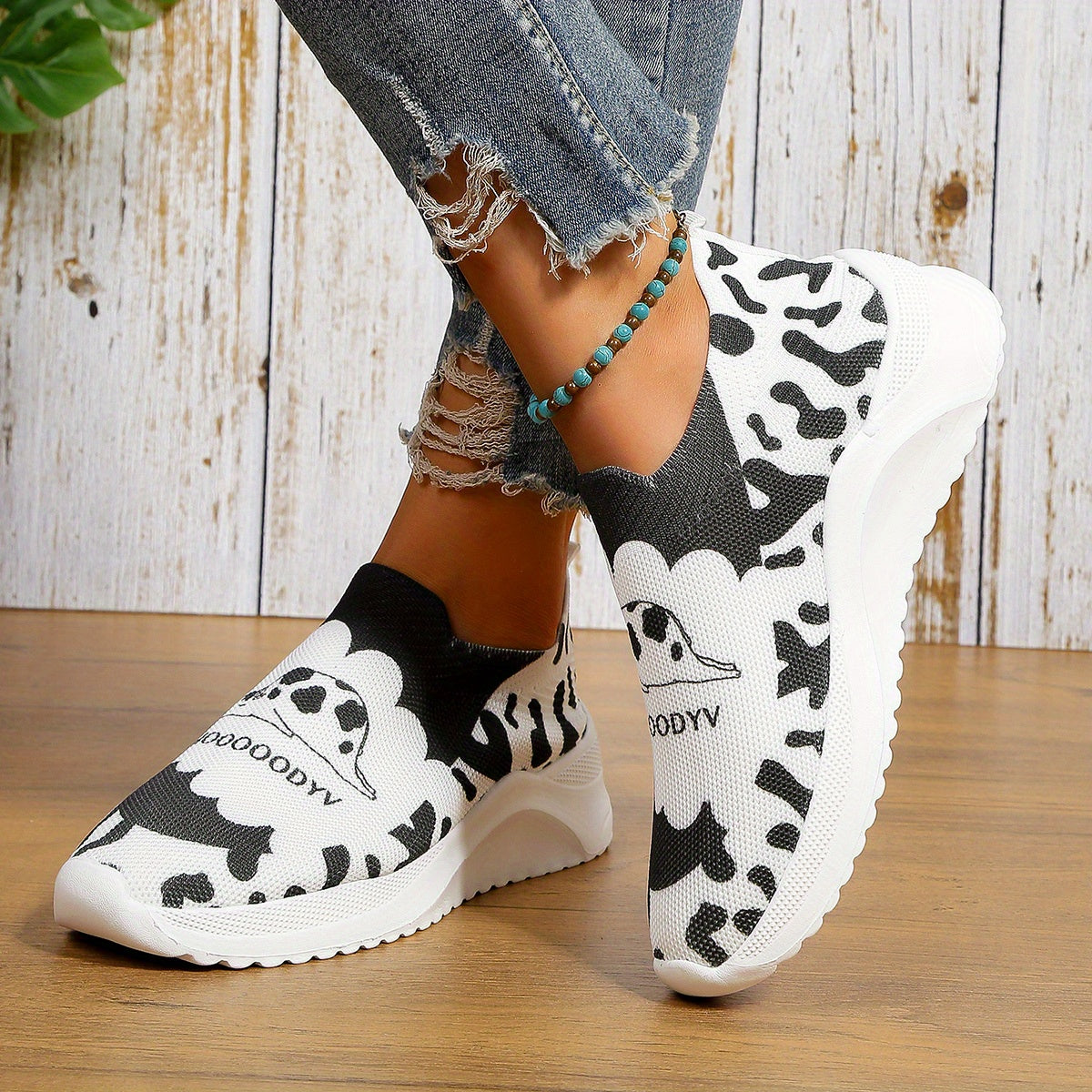 Cow Print Sock Shoes Women Breathable Slip On Sneakers