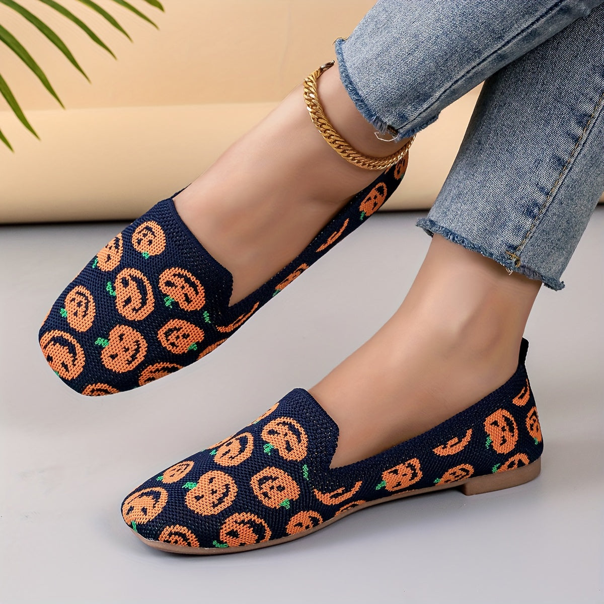 Women's Pumpkin Print Flat Shoes Breathable Knit Square Toe Shoes