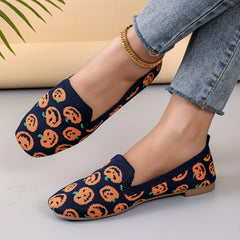 Women's Pumpkin Print Flat Shoes Breathable Knit Square Toe Shoes