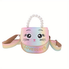 Girls Cat Shoulder Bag With Pearl Handle Strap Sweet Handbag Crossbody Bag