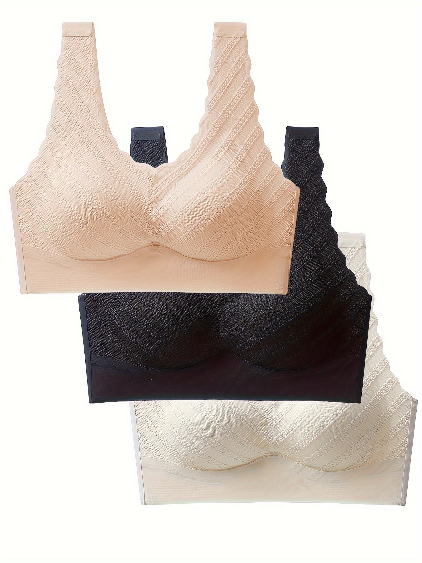 3pcs Scallop Trim Wireless Push Up Bra Women's Lingerie