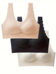 3pcs Scallop Trim Wireless Push Up Bra Women's Lingerie