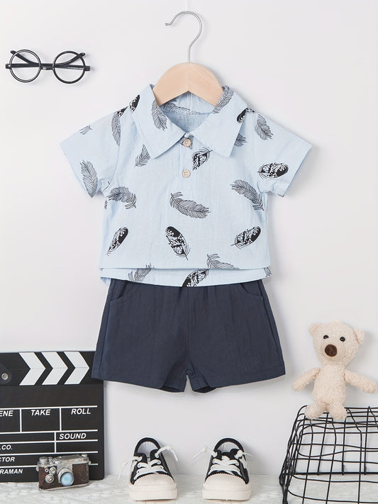 2pcs Baby Boys Leaf Print Polo Shirt & Shorts Set