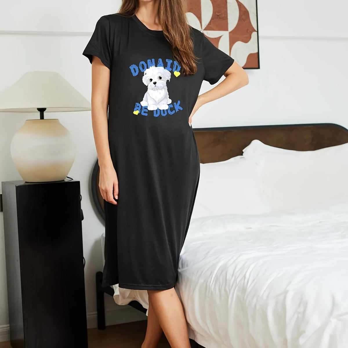 Cartoon Dog Print NightDress Short Sleeve Crew Neck Pajama Dress
