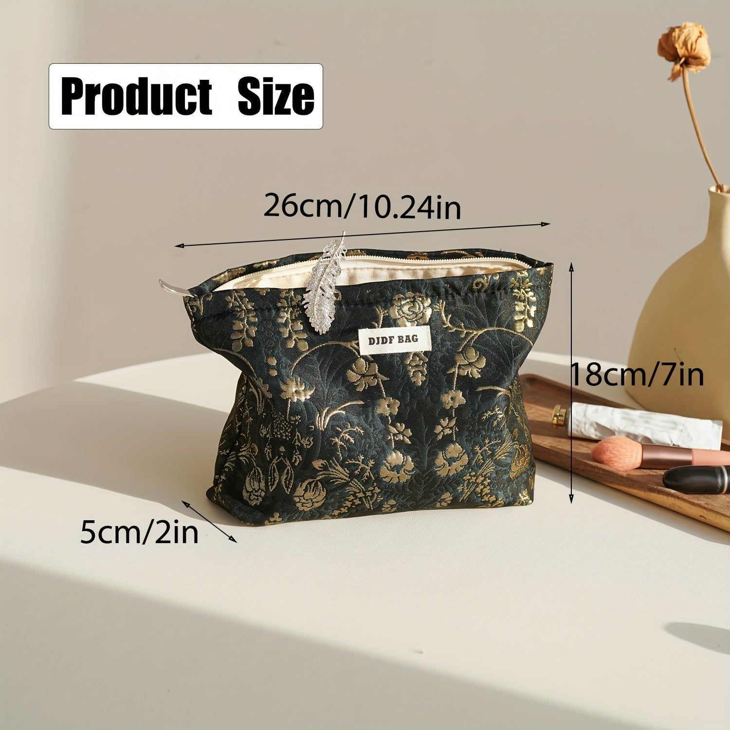 Women's Retro Portable Ink Green Golden Flower Toiletry Bag