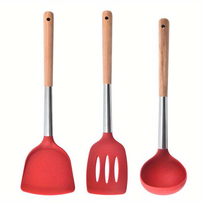 3pcs Silicone Kitchen Utensils Set Wooden Handle Heat Resistant Cooking Utensils