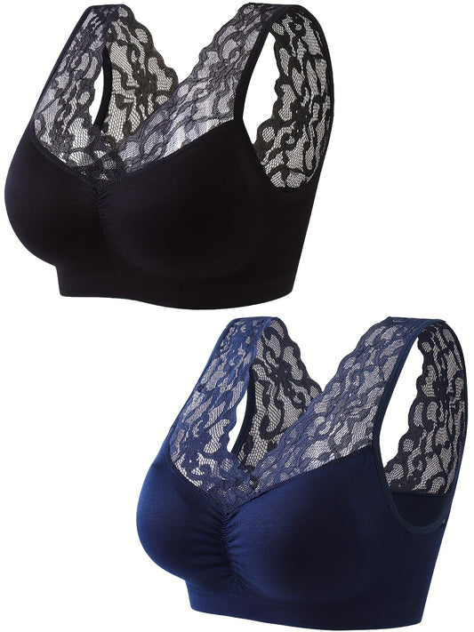 2 Pack Plus Size Sports Bras Set Women's Plus Contrast Lace Wireless Breathable