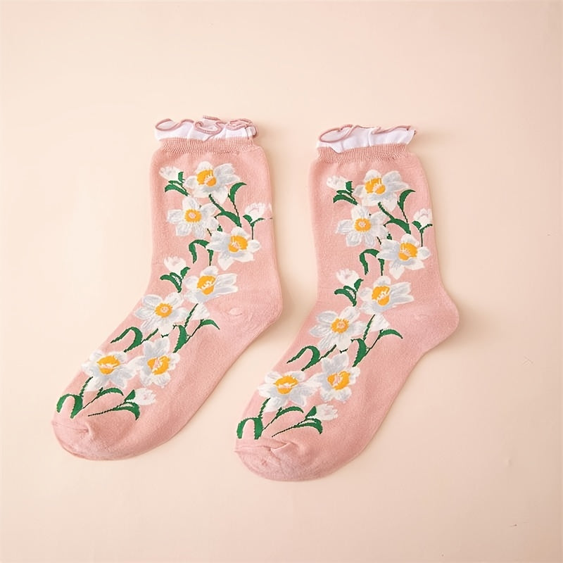Floral Pattern Cotton Mid Tube Socks with Ruffle Trim