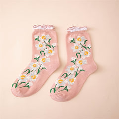 Floral Pattern Cotton Mid Tube Socks with Ruffle Trim