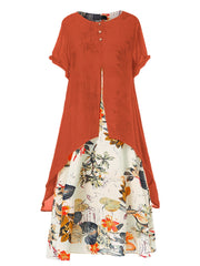 Asymmetrical Floral Print Dress Short Sleeve Crew Neck Casual Dress