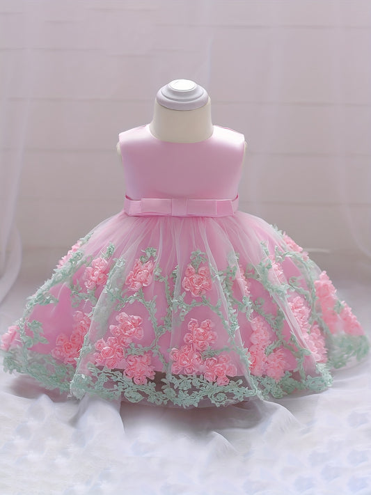 Baby Girls Floral Embroidery Mesh Sleeveless Princess Dress
