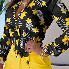 Plus Floral & Leaf Print Button Up Long Sleeve Blouse