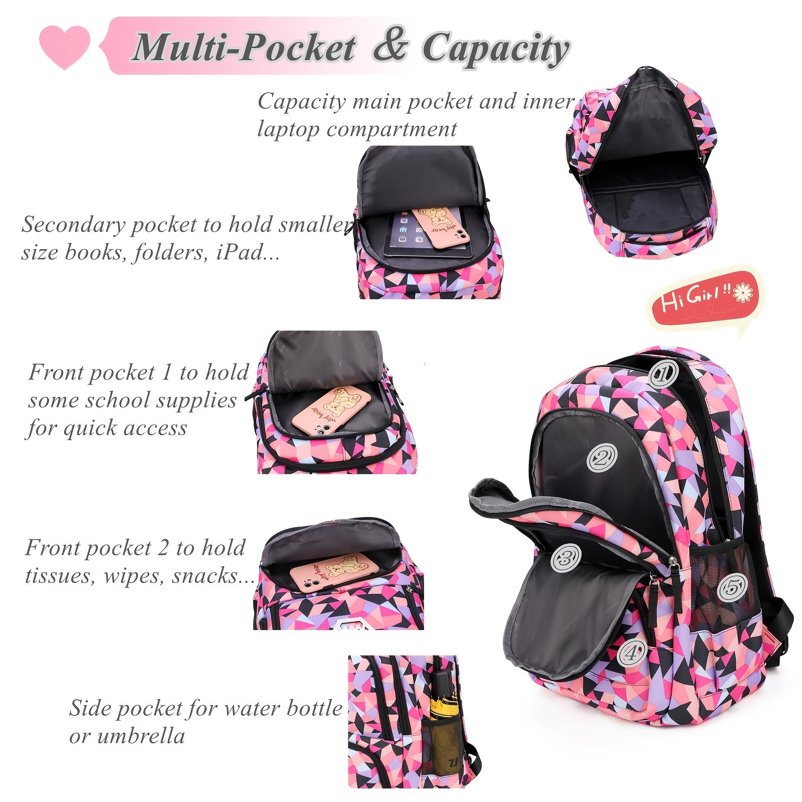 3pcs Girls Waterproof Schoolbag Set Backpack Princess School Bag