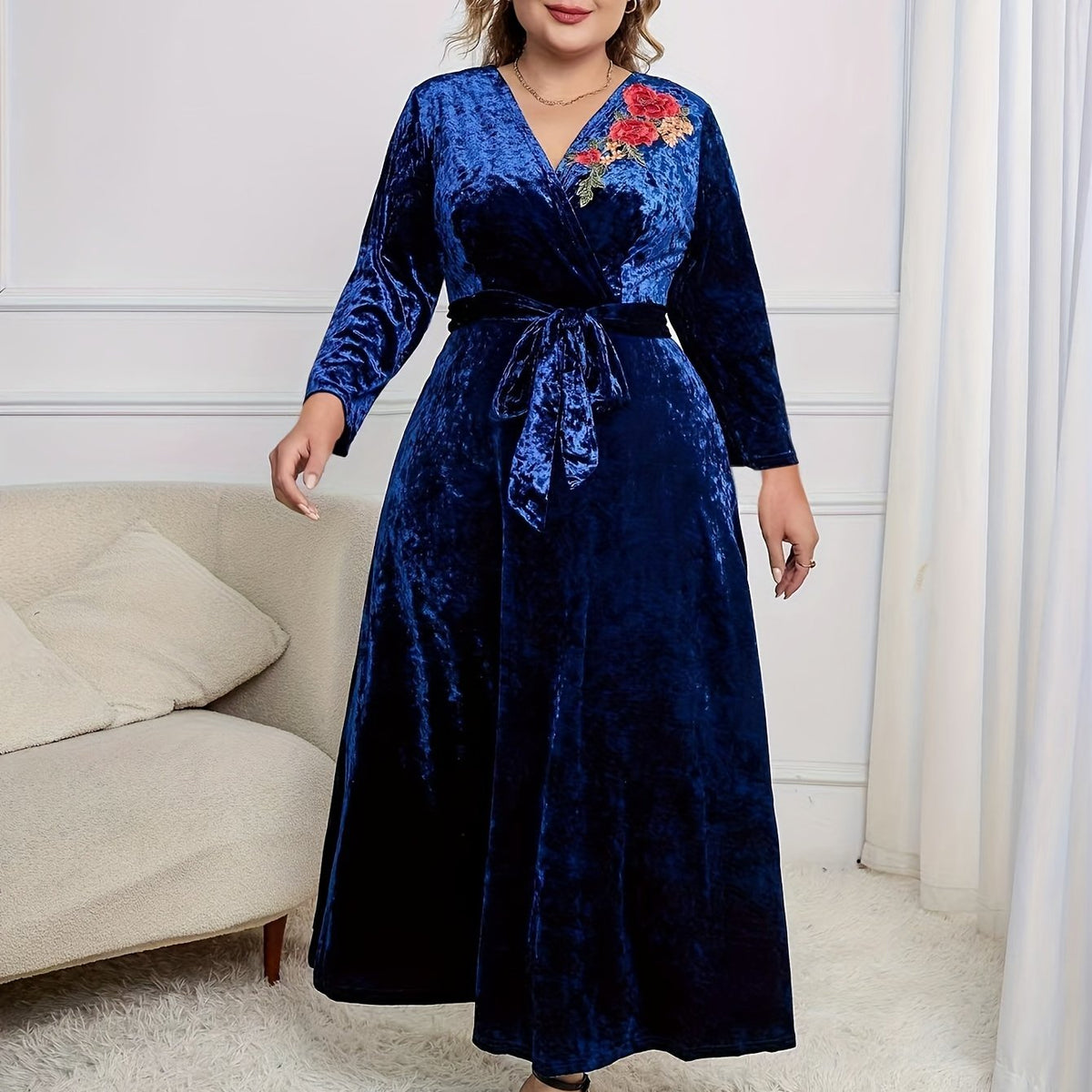 Women's Plus Floral Velvet Maxi Dress with Belt