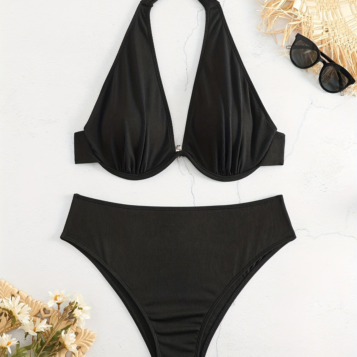  Basic Bikini Set Women's Plus Plain Halter Neck Medium Stretch