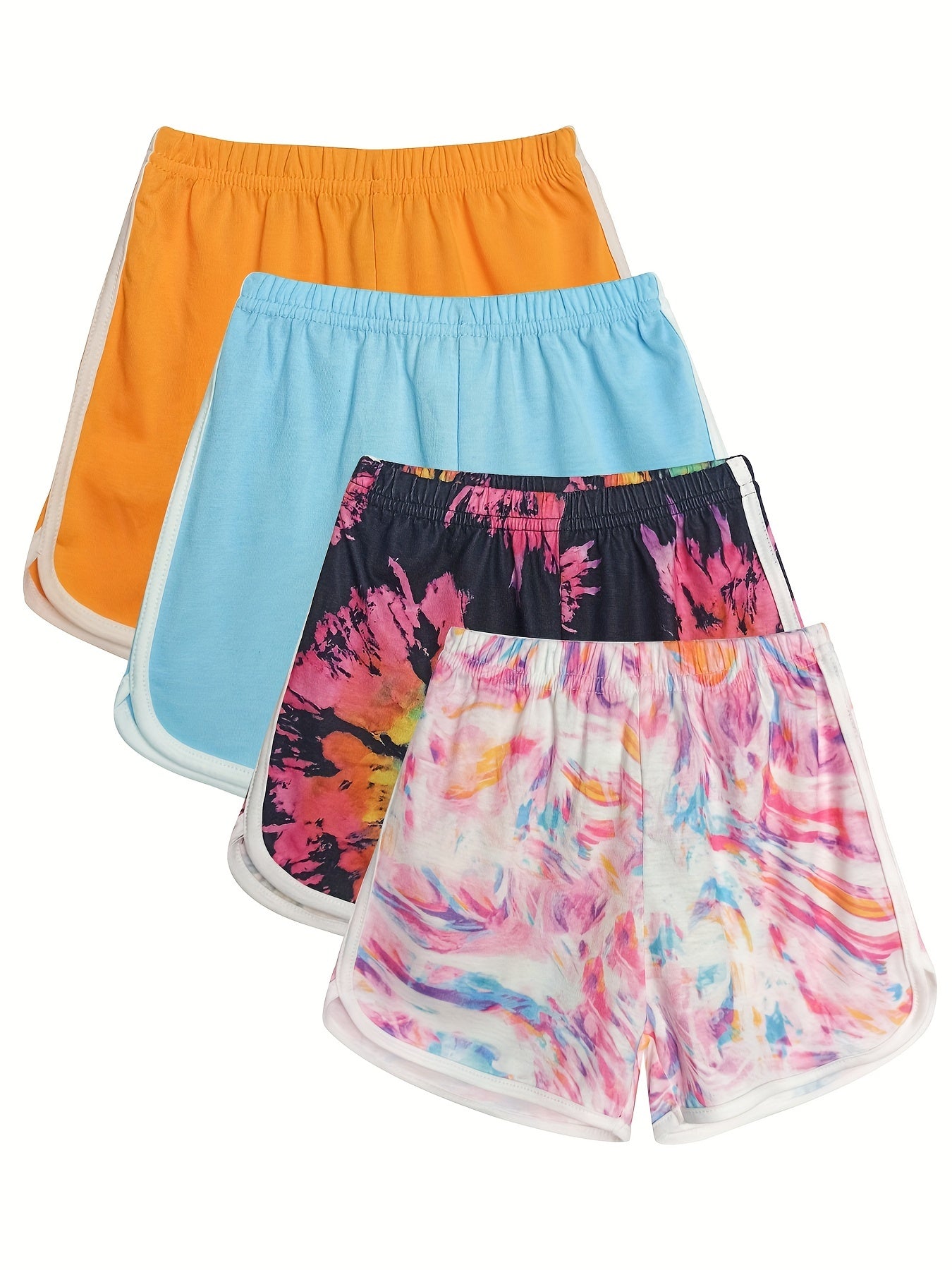 4 Packs Girls Casual Active Shorts With Tie dye And Plain Colors