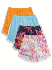 4 Packs Girls Casual Active Shorts With Tie dye And Plain Colors