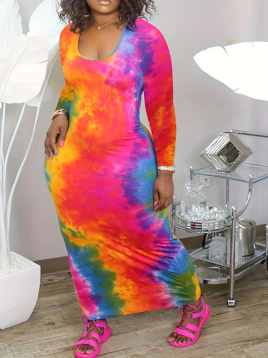  Tie Dye Long Sleeve Bodycon Maxi Dress