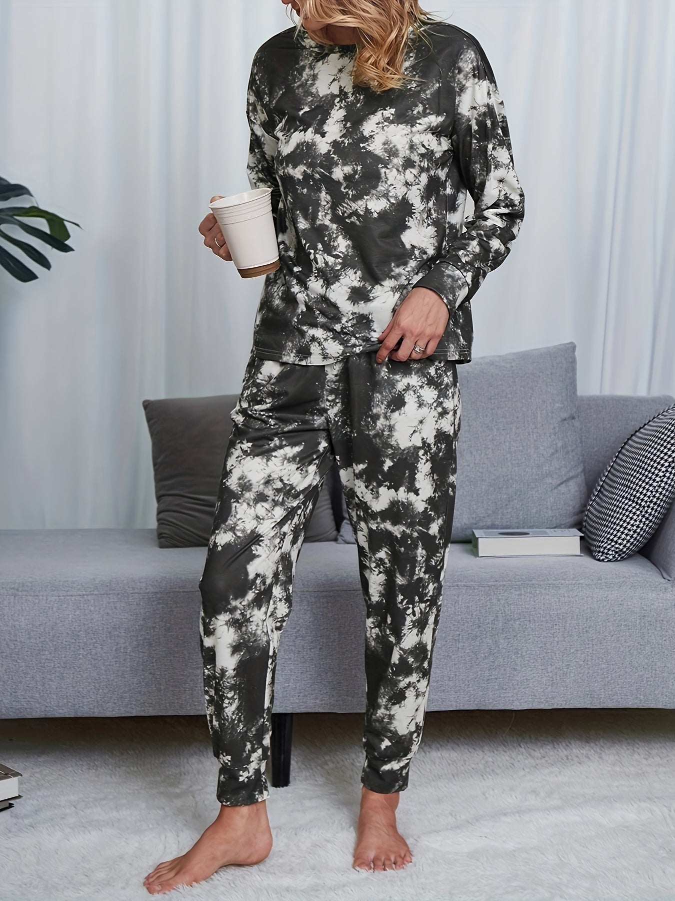 Tie Dye Print Lounge Set Long Sleeve Top & Pants Women's Loungewear