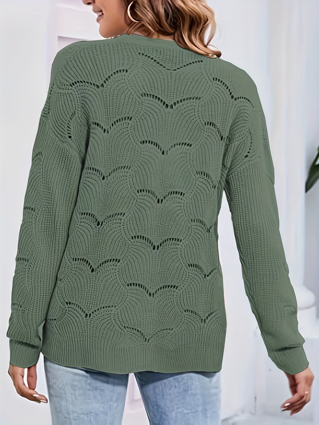 Hollow Button Front Knit Cardigan V Neck Sweater