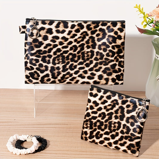 Leopard Print Cosmetic Bag Women Zipper Makeup Pouch Keychain Travel Organizer